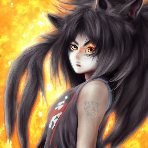 Image similar to anime wolf girl with wild black hair, glowing orange eyes and charcoal skin wearing a t-shirt and jeans, digital art, art station, illustration, highly detailed, artwork