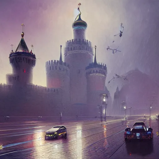 Image similar to Cyberpunk Moscow Kremlin with flying cars by Greg Rutkowski