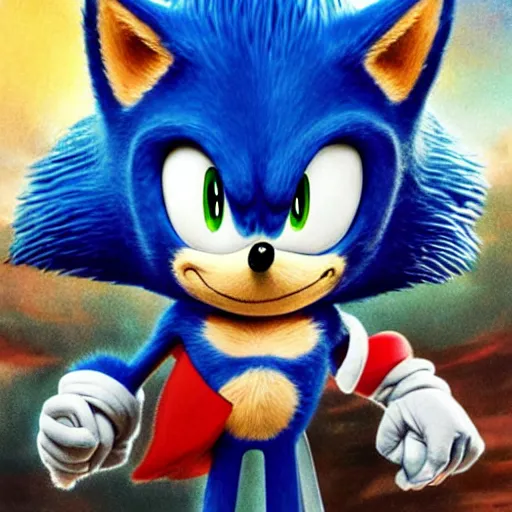 Prompt: sonic the hedgehog, character portrait, portrait, close up, concept art, intricate details, highly detailed, vintage sci - fi poster, retro future, in the style of chris foss, rodger dean, moebius, michael whelan, and gustave dore