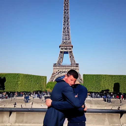 Image similar to photo of john cena hugging the eiffel tower