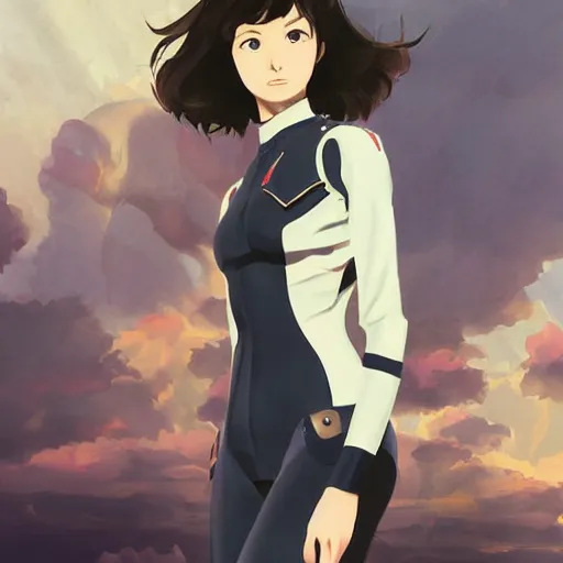 Image similar to girl, police suit, artwork made by makoto shinkai, inspired in balthus and hirohiko araki, clean details, light color palette, candy, anatomically proportional, hd