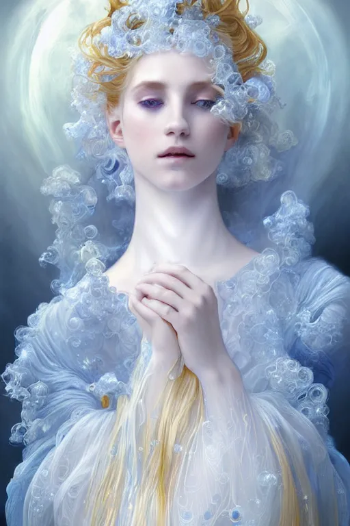 Image similar to portrait of white ghost, fantasy, gradient white blue grey, dreamy and ethereal, blue eyes, golden ratio, peaceful expression, ornate frilly dress, fantasy, intricate, elegant, rainbow bubbles, highly detailed, digital painting, artstation, concept art, smooth, b sharp focus, illustration, art by artgerm and greg rutkowski and alphonse mucha