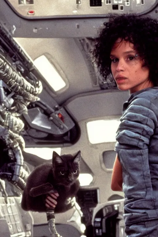 Prompt: Zoe Kravitz as Ellen Ripley with a cat in a spaceship in Alien (1979)