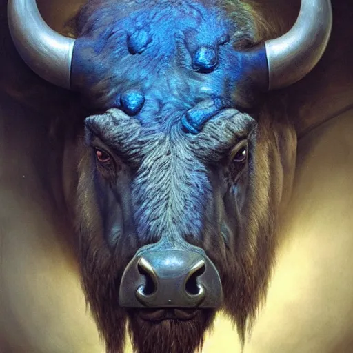 Image similar to Angry Humanoid Bison portrait, dark fantasy, blue, Warhammer, artstation painted by Zdzisław Beksiński and Wayne Barlowe