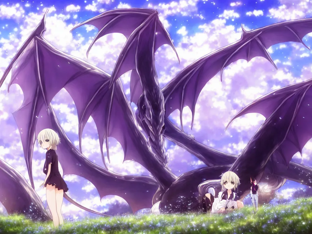 Prompt: anime art full body portrait character concept art, be surrounded snuggle by a huge silver red dragon, in the white clouds fairyland center, anime key visual of violet evergarden, finely detailed perfect face delicate features directed gaze, laying down in the grass at sunset in a valley, trending on pixiv fanbox, violet evergarden, studio ghibli, extremely high quality artwork