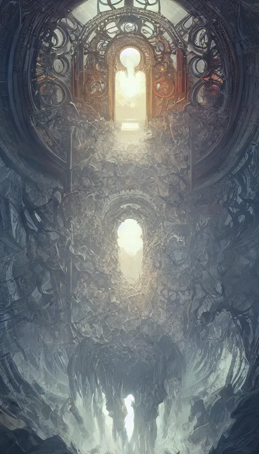 Image similar to gates to hell, fibonacci, sweat drops, insane, intricate, highly detailed, digital painting, artstation, concept art, smooth, sharp focus, illustration, Unreal Engine 5, 8K, art by artgerm and greg rutkowski and alphonse mucha