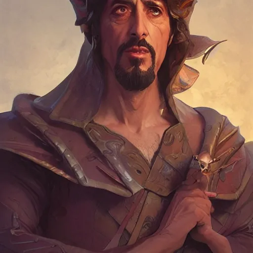 Image similar to Al Pacino , D&D, fantasy, intricate, elegant, highly detailed, digital painting, artstation, concept art, matte, illustration, hearthstone, art by Artgerm and Greg Rutkowski and Alphonse Mucha, Simon Stalenhag, hyperreal