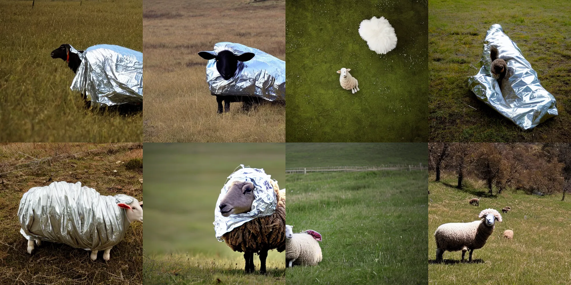 Prompt: photo, a sheep wrapped in cling foil, hovering over a clearing