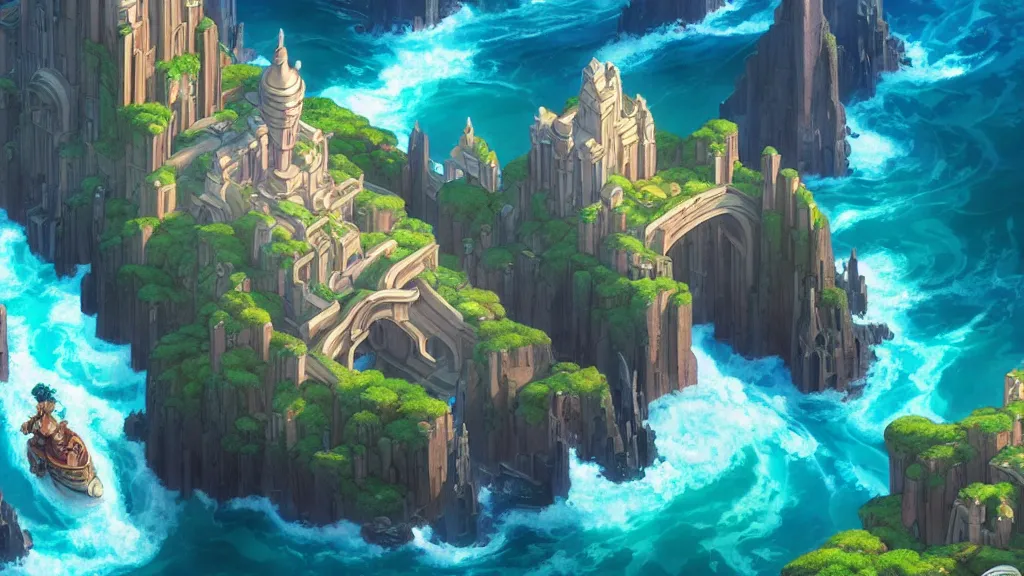 Image similar to atlantis, studio ghibli, pixar and disney animation, sharp, rendered in unreal engine 5, highly detailed, digital painting, artstation, concept art, smooth, sharp focus, illustration, wide angle, artbook, wallpaper, splash art, promo art, dramatic lighting, art by artgerm and greg rutkowski and bo chen and jin xiaodi