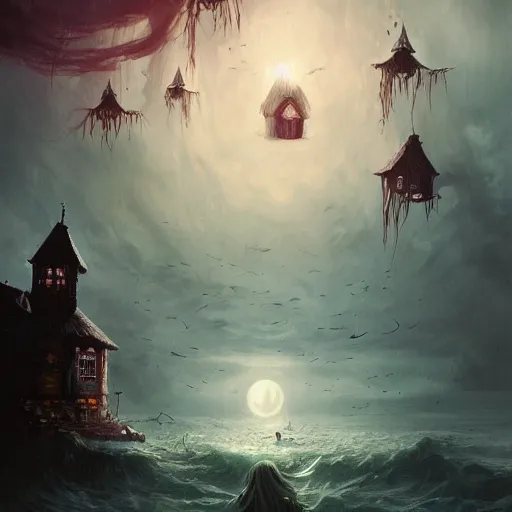 Prompt: scary witches in front of a candy witch house, floating on the ocean, epic scene, fantasy, cinematic, hyper - detailed, in the style of greg rutkowski