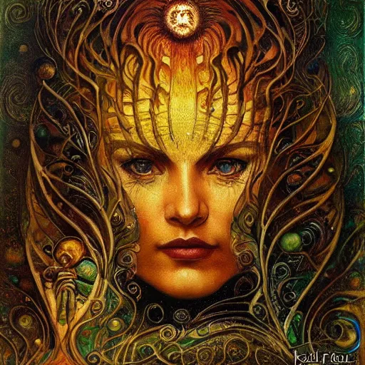 Image similar to Visions of Hell by Karol Bak, Jean Deville, Gustav Klimt, and Vincent Van Gogh, visionary, otherworldly, fractal structures, ornate gilded medieval icon, third eye, spirals