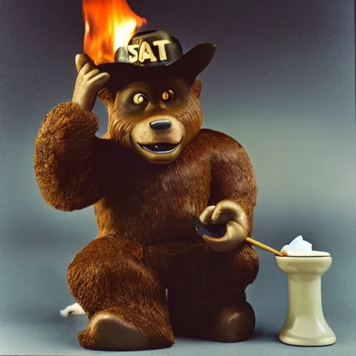 Image similar to UHD candid photo of Smokey The Bear in the lavatory sitting on a porcelain throne, playing with fire, by Annie leibowitz, photorealisitc, extremely detailed