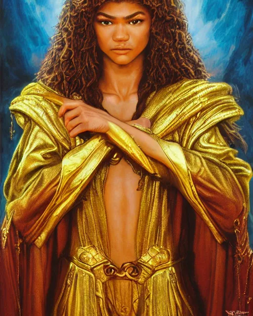 Image similar to detailed portrait of Zendaya as a powerful dungeons and dragons wizard, wearing gilded robe, intricate, hyper detailed, realistic, oil painting, by jeff easley, boris vallejo, cinematic lighting