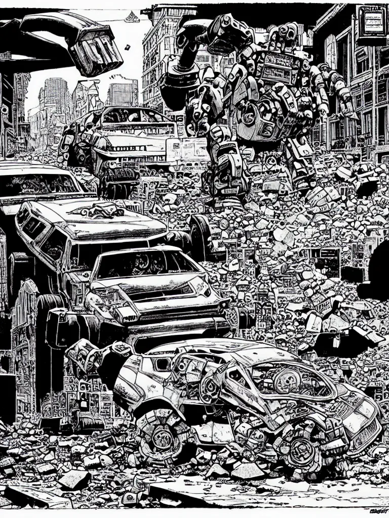 Image similar to an individual Giant stone robot walking down the street, a crushed car is under the robot’s foot by Richard Corben