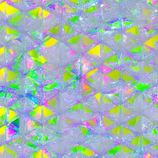 Image similar to pattern of joined hexagonal clear quartz crystals, with a high refractive index, through which is clearly visible the beatific richly multicoloured lights of paradise, exquisitely clear and hyper realistically sharp,