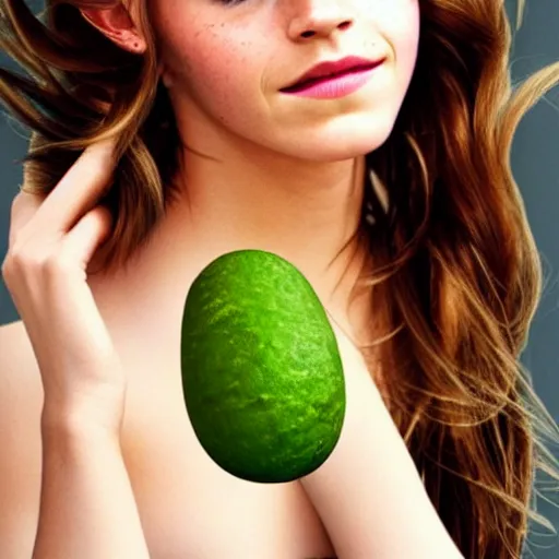 Image similar to portrait photograph of emma watson but her skin is replaced with avocado skin