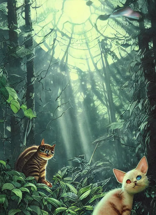 Image similar to a hyper realistic ink cat alien technology and sunbeams blue sky, lush forest foliage painting by chiara bautista and norman rockwell and greg rutkowski weta studio, and lucasfilm