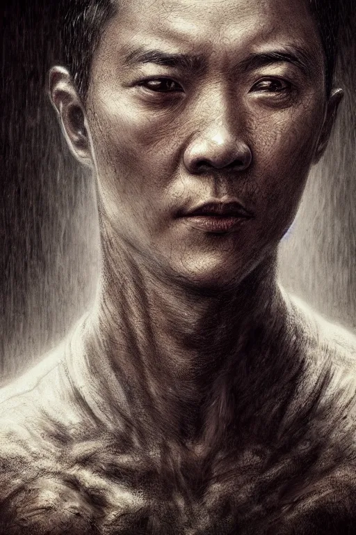 Prompt: realistic portrait beautiful detailed matte painting of cinematic movie scene jet li mutate intotardigrade. horror, created by gustave dore and greg rutkowski, high detailed, smooth draw, synthwave neon retro, intricate, realistic proportions, dramatic lighting, trending on artstation.