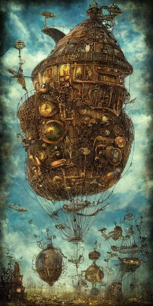 Image similar to a detailed digital painting of an organic steampunk living airship by alexander jansson and where's waldo and leonardo da vinci