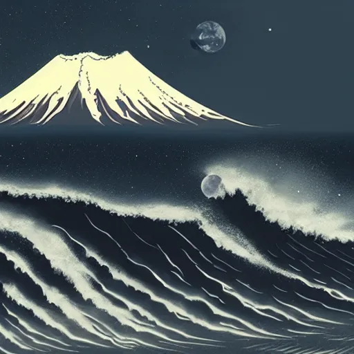 Prompt: Giant Wave with mount fuji in the background, moon in the background,night, elegant, highly detailed, digital painting, artstation, concept art, smooth, sharp focus