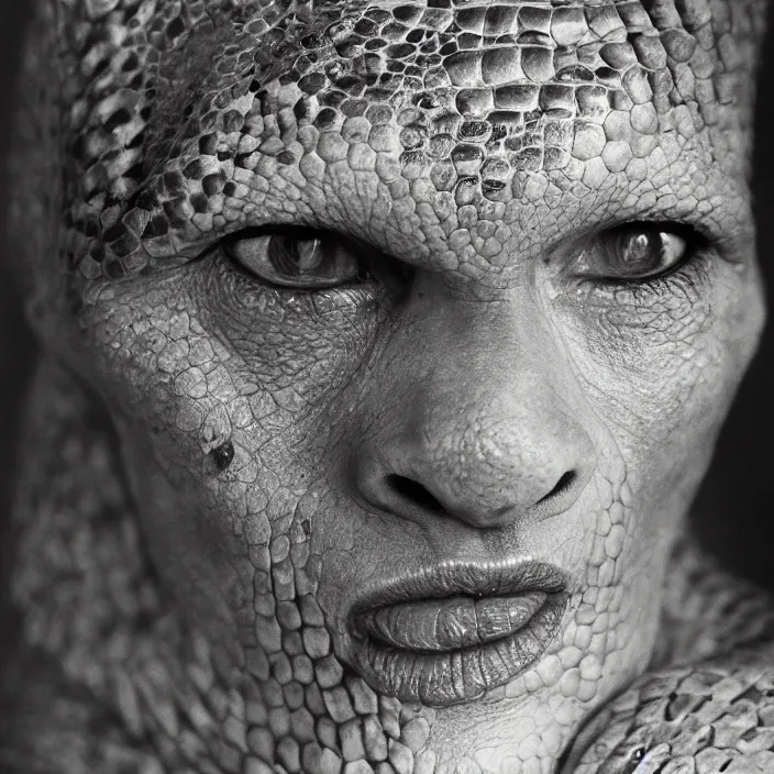 Prompt: closeup portrait of a reptilian woman by Annie Leibovitz and Steve McCurry, natural light, detailed face, CANON Eos C300, ƒ1.8, 35mm, 8K, medium-format print