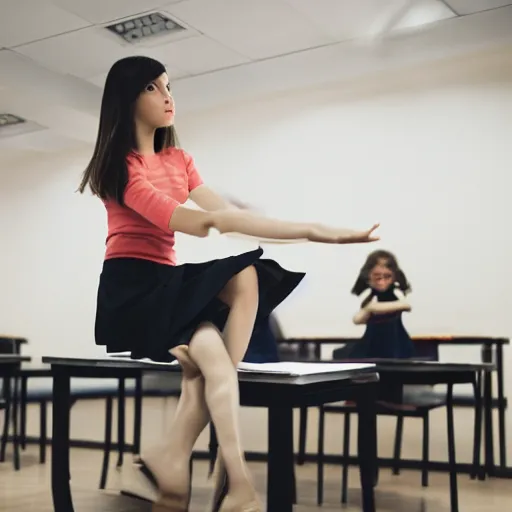 Image similar to film still of stylish girl dancing on school desk, tilted frame, 3 5 °, dutch angle, high quality, cinematography, award winning photo, focous