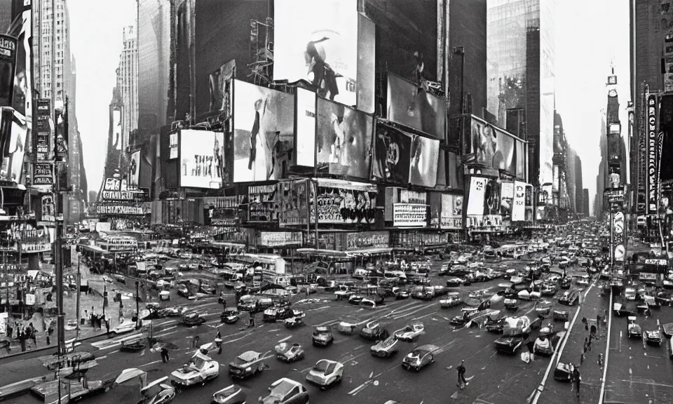 Image similar to A film still from a 1970s movie, new york city, times square, Realism, 4k, 8mm, Grainy, Panavision