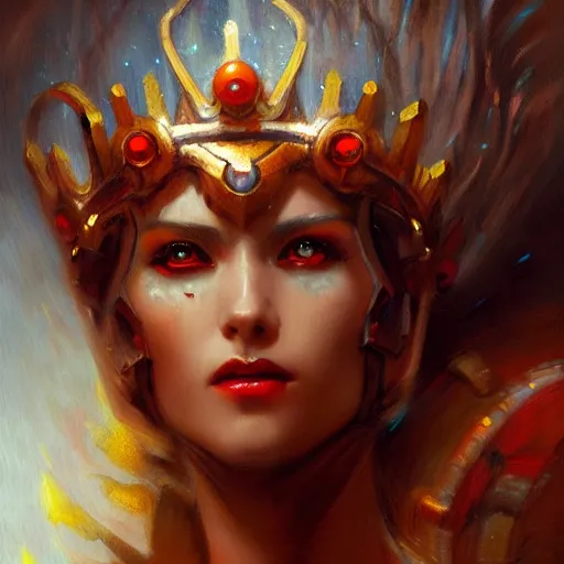 Image similar to attractive female robot demon queen with crown and red eyes, painting by gaston bussiere and luis rollo, close - up portrait, digital painting, highly detailed, artstation, sharp focus, illustration, concept art, hd