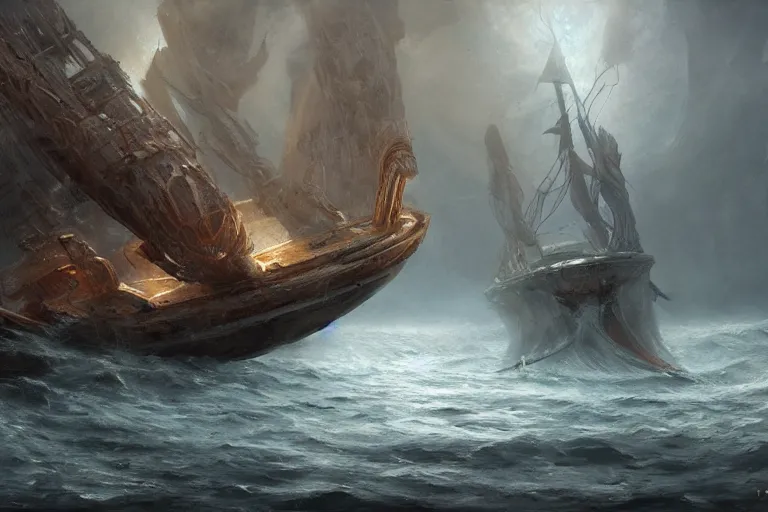 Image similar to A battered Trireme, Scylla and Charybdis and an ancient boat by Jessica Rossier and HR Giger cinematic concept painting