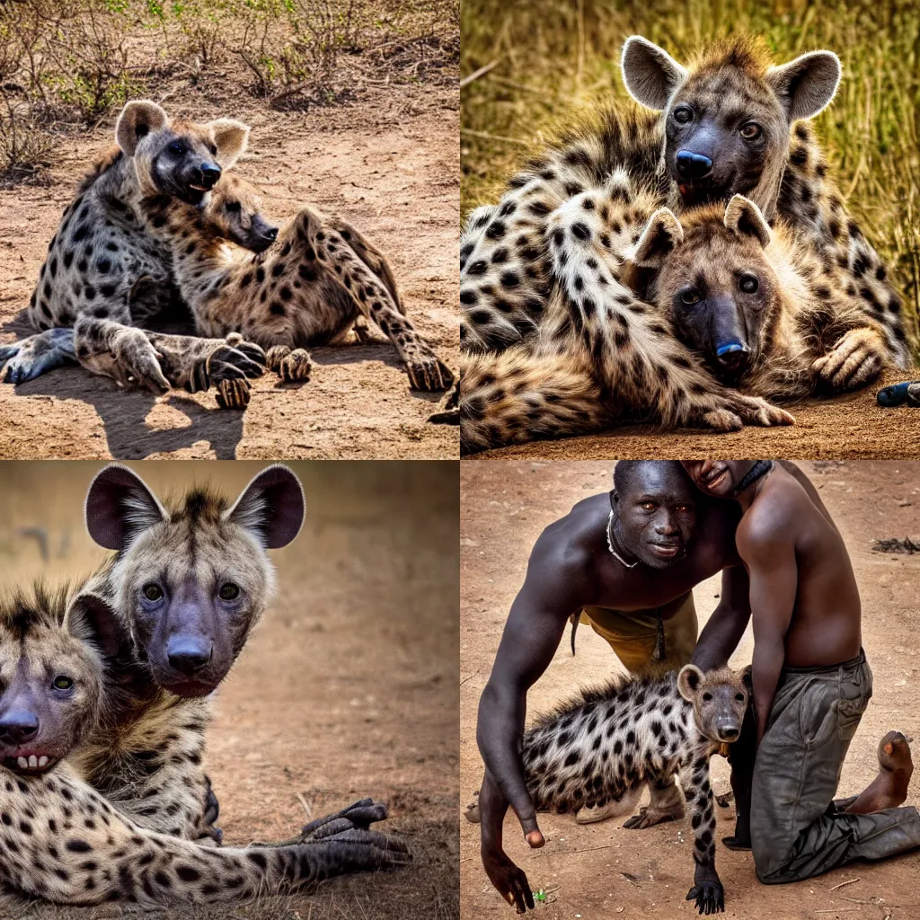 Prompt: spotted Hyena gets cuddles from an African tribesman, Realistic, HDR, Clear Image