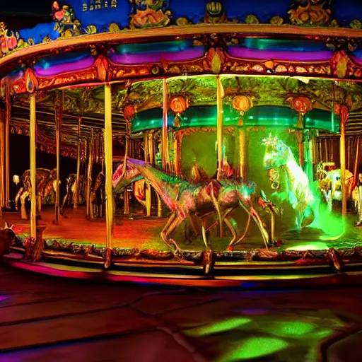 Prompt: Carousel of the damned horror painting unreal engine 3D depth of field 8K HDR Colorful Rainbows Iridescent metallic chrome