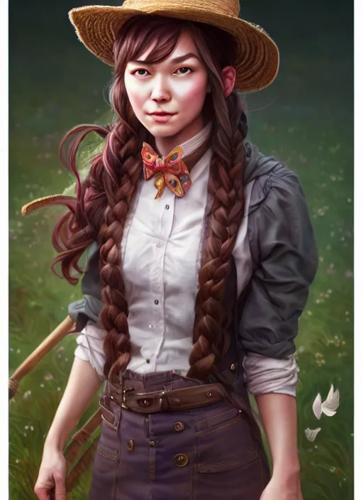 Image similar to full body portrait of a magical farmer girl. detailed face, concept art, intricate, highly detailed 8 k, smooth, sharp focus, beautiful and aesthetic shape of face and body, artgerm, artstation, art by zexi guo and nira and junpei suzuki and gharliera and rinotuna