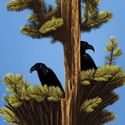 Prompt: A Pair of Ravens in a Nest High Up in a Tall Pine Tree Overlooking a Fenced Medieval War Camp, Realistic