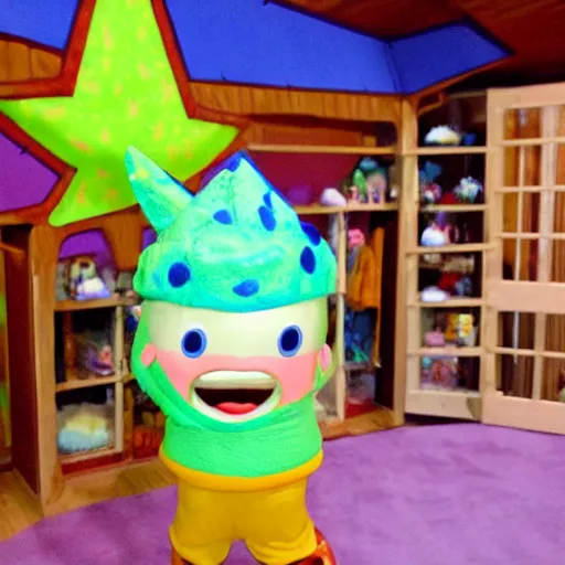 Image similar to patrick star dressed as PatBoy inside magic house