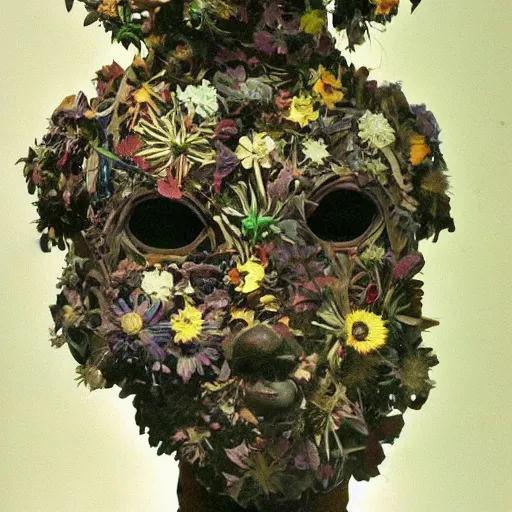 Prompt: a humanoid robot wearing a mask made of flowers, by annie swynnerton and diego rivera and tino rodriguez, symbolist, dramatic lighting, elaborate geometric ornament, art brut, soft cool colors, smooth, sharp focus, extremely detailed, adolf wolfli