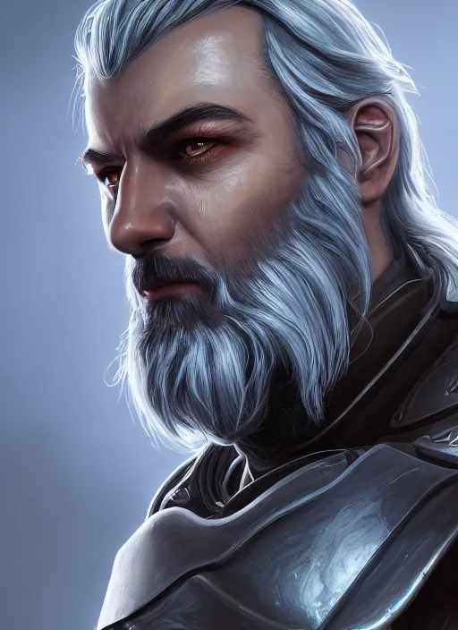 Image similar to an epic fantastic realism comic book style portrait painting of an aasimar paladin, male, silver hair, short brown beard, glowing eyes, d & d concept art, regal, unreal 5, daz, teal aesthetic, octane render, cosplay, rpg portrait, dynamic lighting