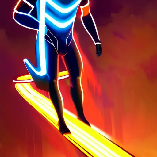 Image similar to tron legacy jesus riding waterslide, face closeup, laughing, diffuse lighting, hyper realistic, concept art, intricate, hyper detailed, smooth, sharp focus, illustration, trending on artstation, art by greg rutkowski and james gurney and alphonse mucha