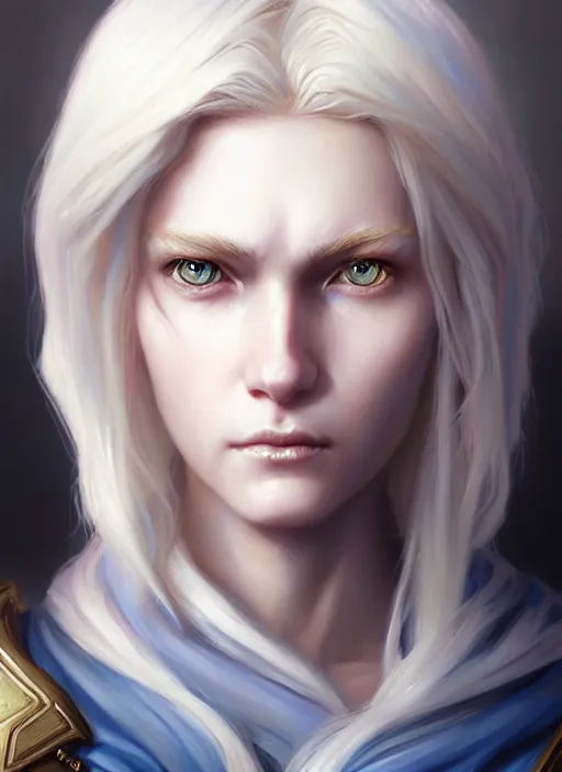 Image similar to a fantasy style portrait painting of shy white female paladin with blonde hair and blue eyes shy, scar under left eye, holy oil painting unreal 5 daz. rpg portrait extremely detailed artgerm greg rutkowski _ greg