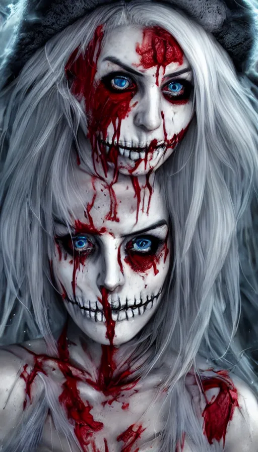 Image similar to skeleton covered with blood, jessica nigri face!!, highly detailed face, long white hair, beautiful blue eyes, black heavy eyeliner, ultra realistic, concept art, intricate details, photorealistic, octane render, 8 k, unreal engine. retro film still, heavy grain, 3 5 mm, art by artgerm and greg rutkowski and alphonse mucha