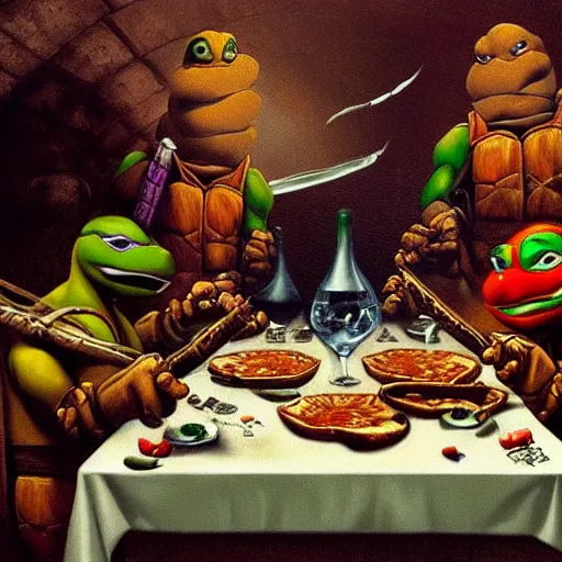 Prompt: teenage mutant ninja turtles are sitting at the table. da vinci. secret supper. there is a cola on the table. pizza on the table. realistic oil painting on canvas. digital art. rendering