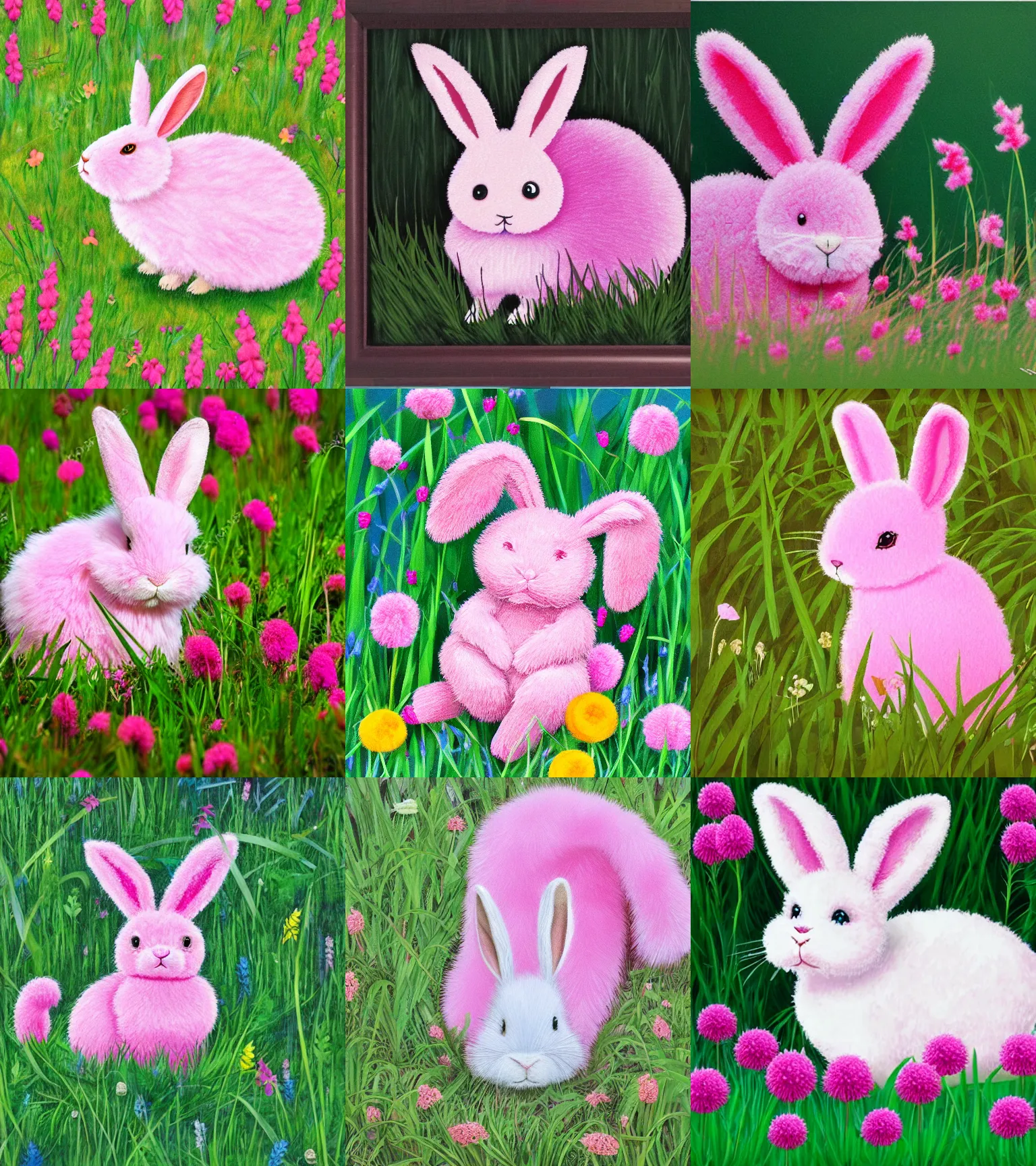 Prompt: pink fluffy rabbit in colourful forest grass extreamly detailed realism