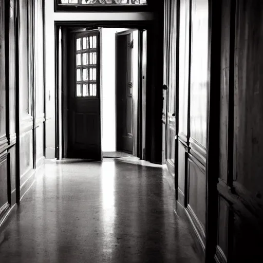 Image similar to a vintage hotel hallway with a red door at the end, dimly lit, surreal, dark, liminal,