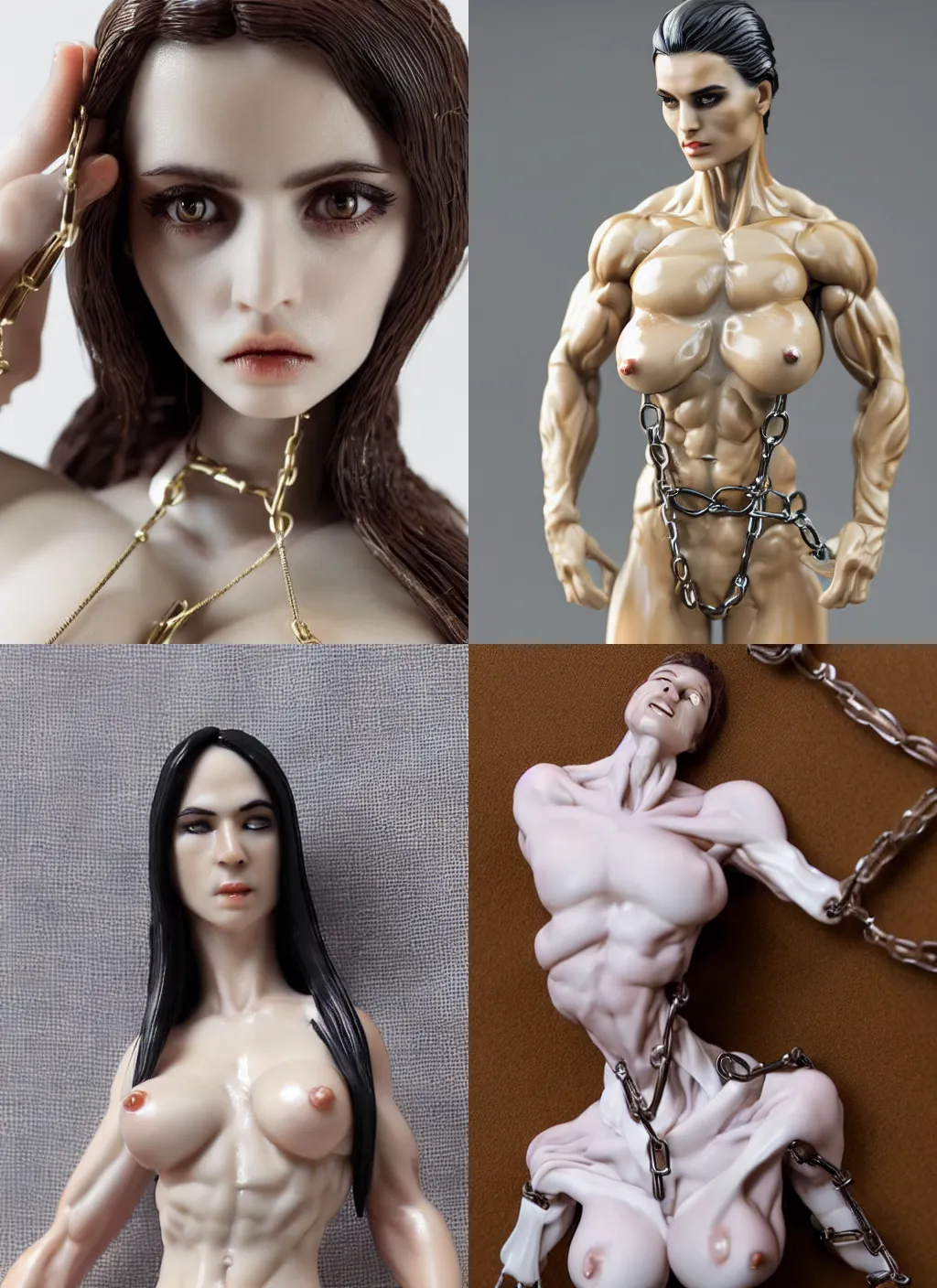 Prompt: 80mm resin detailed miniature of a beautiful muscular mother, clothed in white detailed shirt, olive skin, long dark hair, chained neck, beautiful bone structure, symmetrical facial features, Product Introduction Photos, 4K, Full body