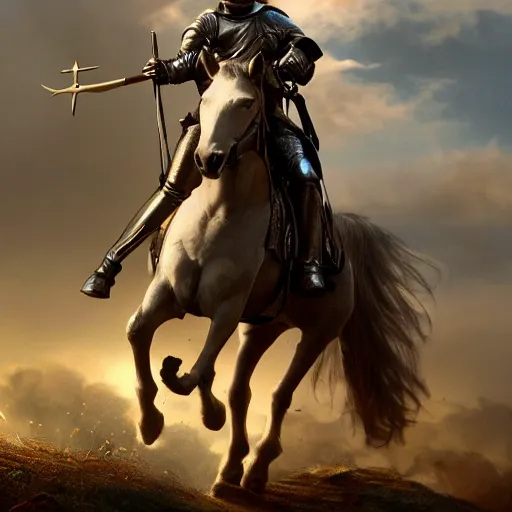 Prompt: Joan of Arc on a horse commanding an French army, octane render, dramatic lighting, hyperrealistic, high detailed, cinematic, artstation