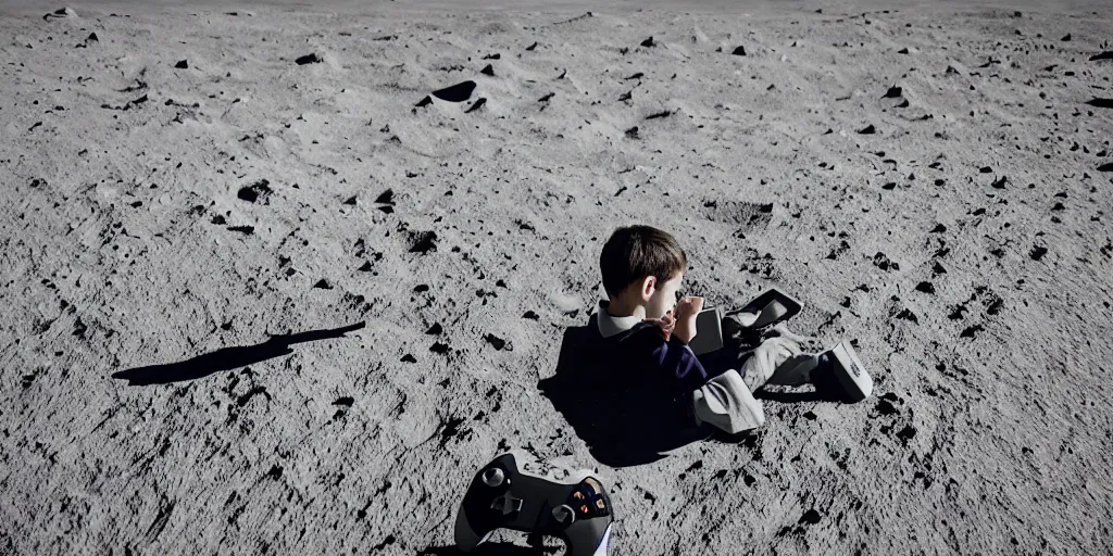 Prompt: a boy playing Xbox on the surface of the moon, professional photography
