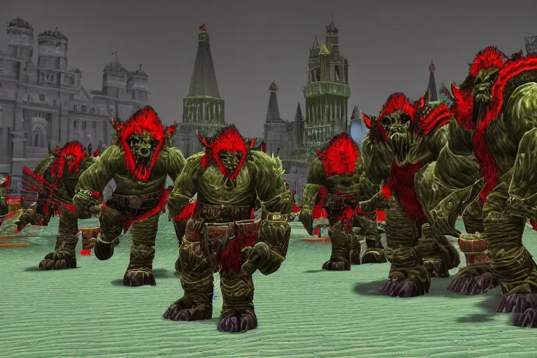 Image similar to moscow in style of world of warcraft orgrimmar, red square, orc village, green and red orcs in modern camouflage