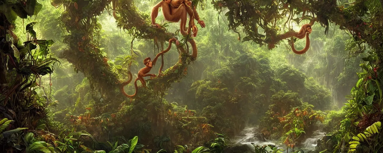 Prompt: a beautiful jungle landscape bordered by vines, flowers, tropical birds, monkey, snake, river with stunning water, d & d, fantasy, intricate, elegant, highly detailed, digital painting, artstation, concept art, matte, sharp focus, illustration, art by artgerm and greg rutkowski and alphonse mucha