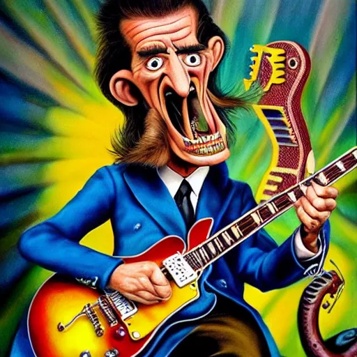 Prompt: beautiful lifelike painting of barry chuckle shredding on a gibson les paul, furious guitar solo, hyperreal detailed facial features and uv lighting, art by ed roth and basil wolverton