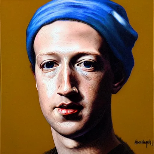 Prompt: mark zuckerberg with a Pearl Earring painted by Beksinski