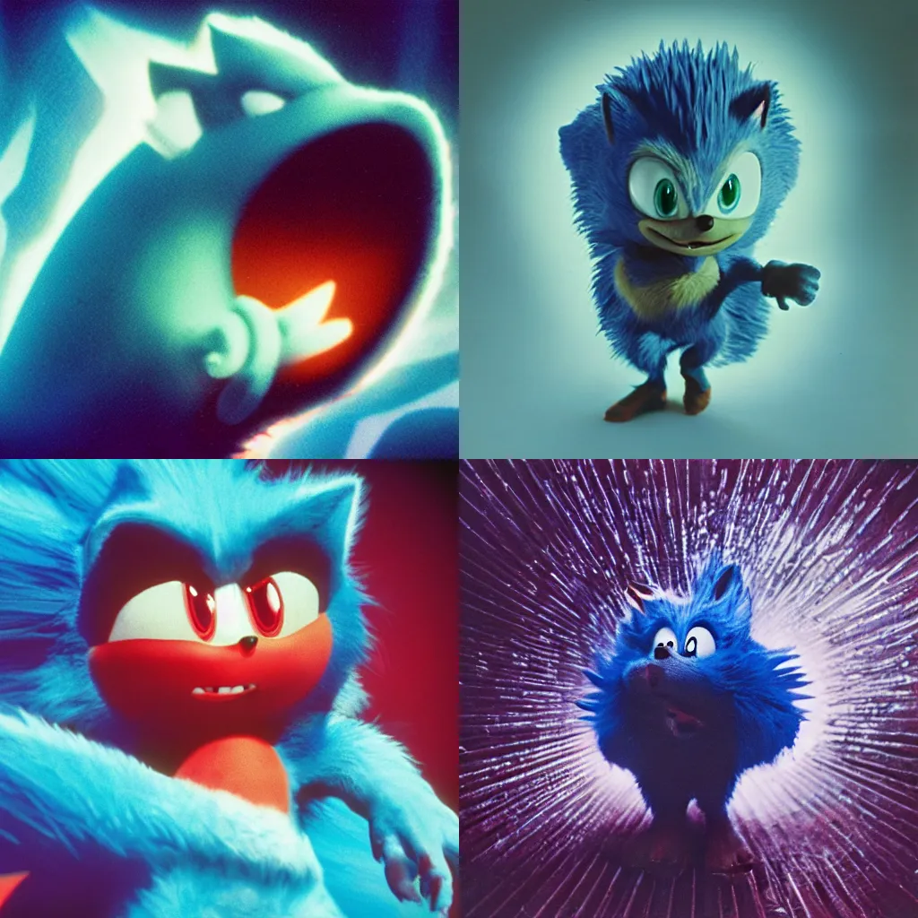 Prompt: ektachrome medium format provia film still of a sonic the hedgehog blue miasma creature with fangs and claws, faded, anamorphic lens flare, creepypasta